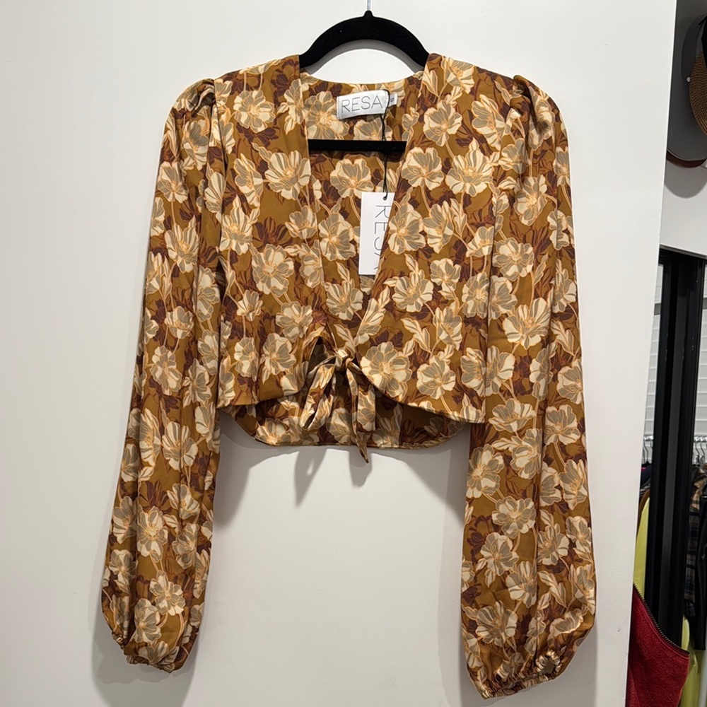 RESA Brown Tan Long Sleeve Crop Blouse